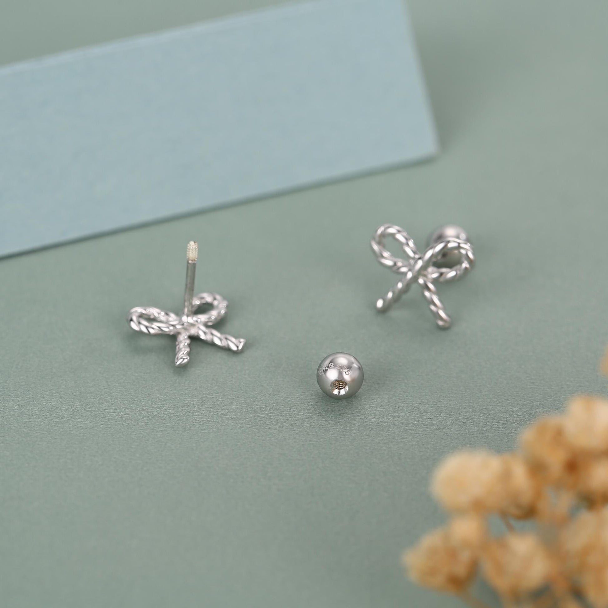 Sterling Silver Braided Bow 18G Screw Back Earrings with Ball Backs