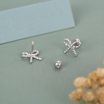 Sterling Silver Braided Bow 18G Screw Back Earrings with Ball Backs