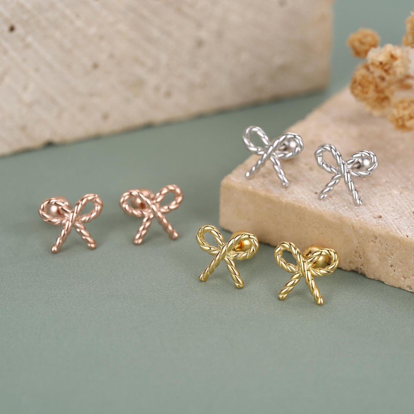 Sterling Silver Braided Bow 18G Screw Back Earrings with Ball Backs