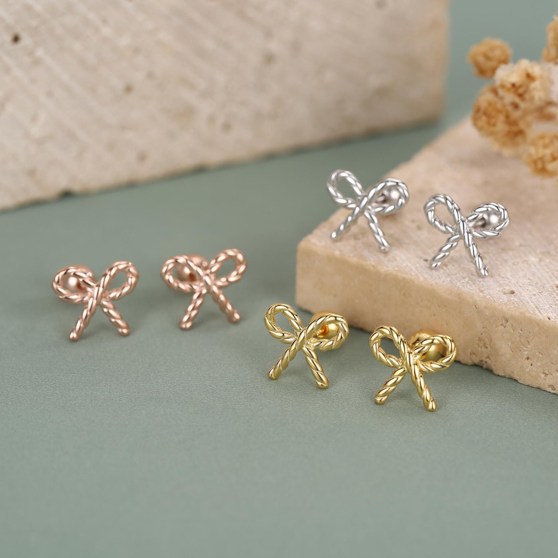 Sterling Silver Braided Bow 18G Screw Back Earrings with Ball Backs