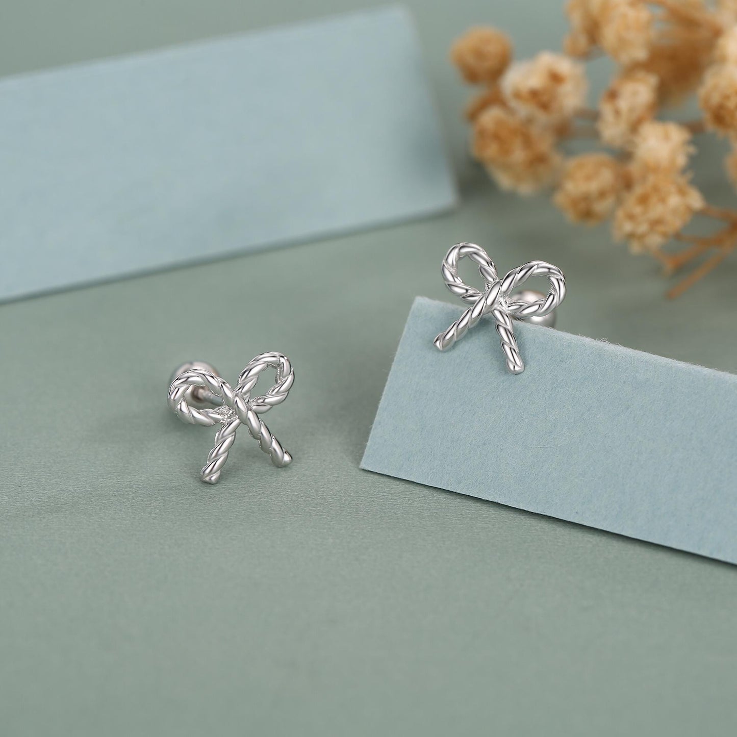 Sterling Silver Braided Bow 18G Screw Back Earrings with Ball Backs