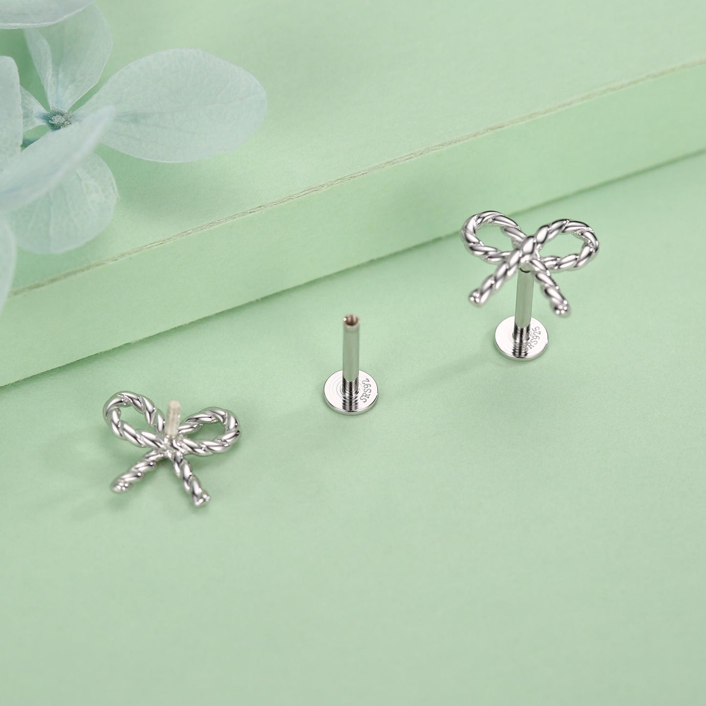 Sterling Silver Bow Stud Earrings 16G Flat Back Labret