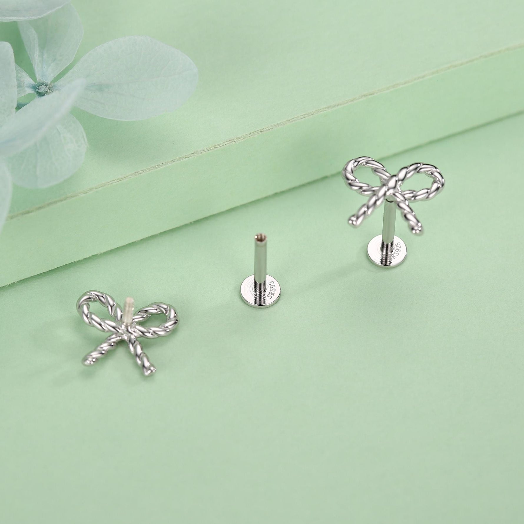 Sterling Silver Bow Stud Earrings 16G Flat Back Labret