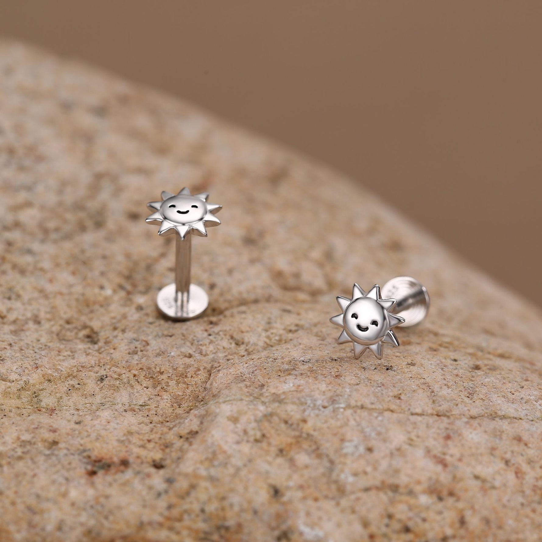 Sterling Silver Cute Sun Stud Earrings 16G Flat Back Labret