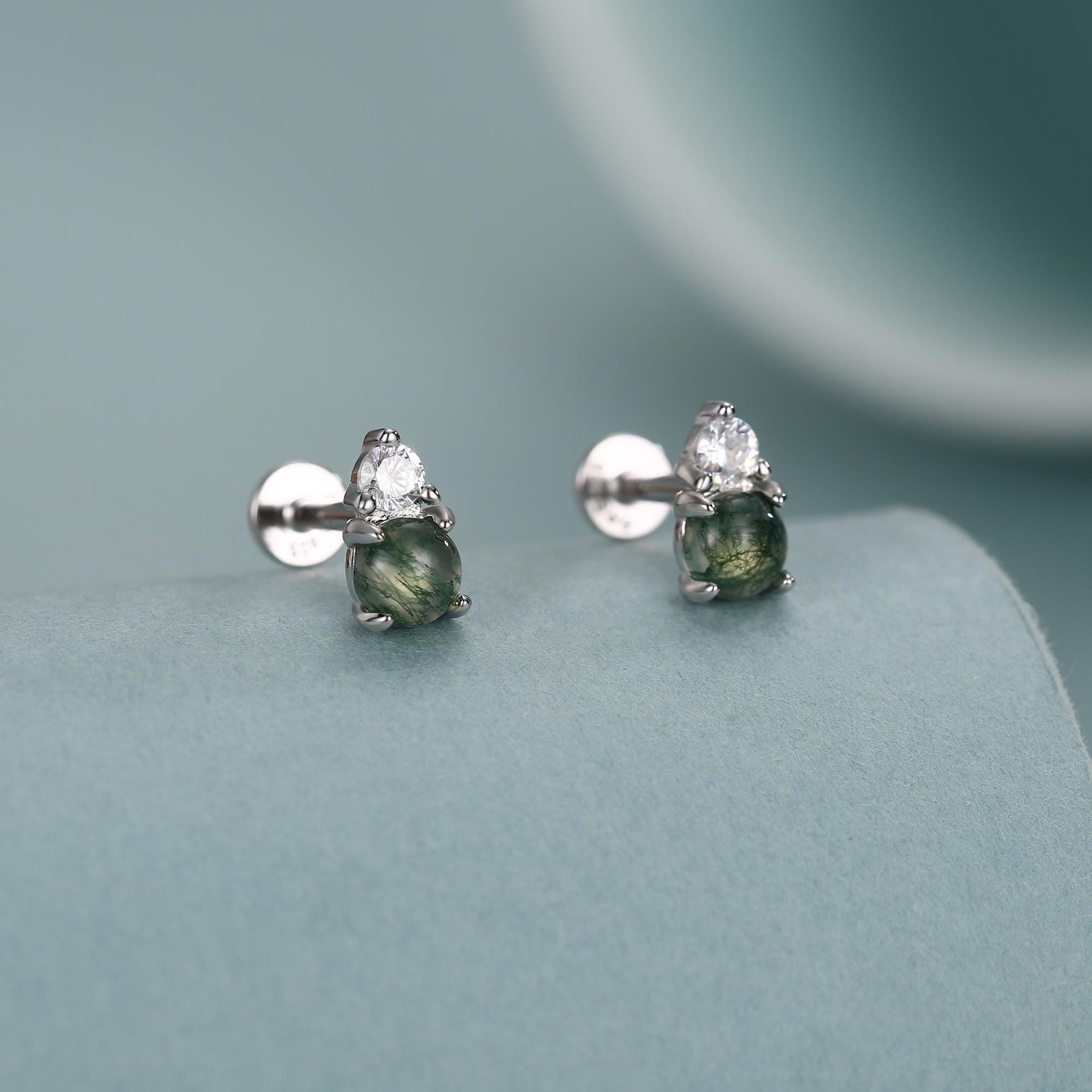 Sterling Silver Moss Agate and CZ 16G Flat Back Labret Earrings