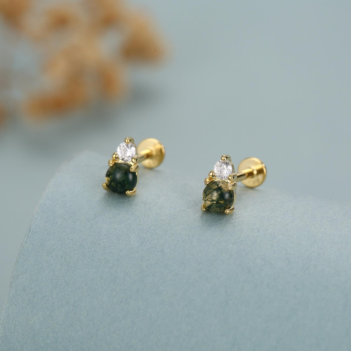 Sterling Silver Moss Agate and CZ 16G Flat Back Labret Earrings