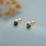 Sterling Silver Moss Agate and CZ 16G Flat Back Labret Earrings