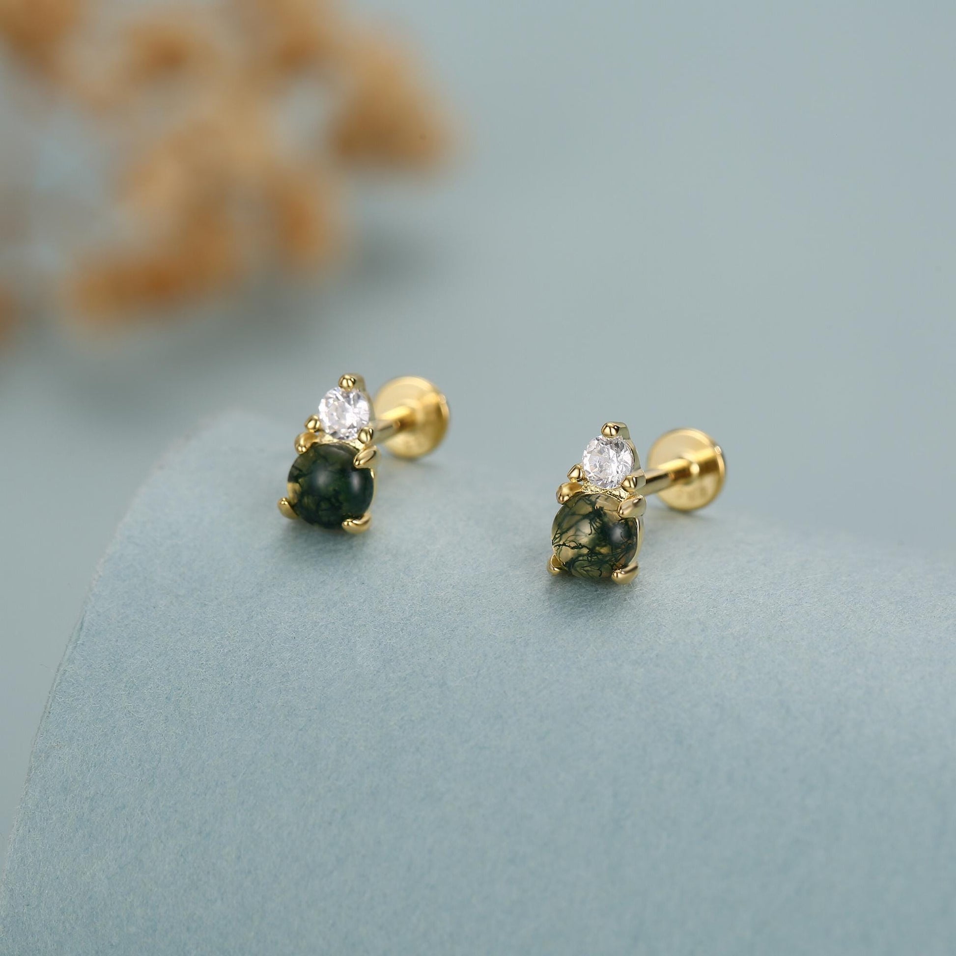 Sterling Silver Moss Agate and CZ 16G Flat Back Labret Earrings