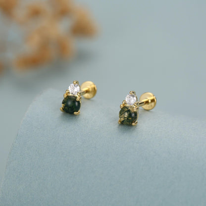 Sterling Silver Moss Agate and CZ 16G Flat Back Labret Earrings