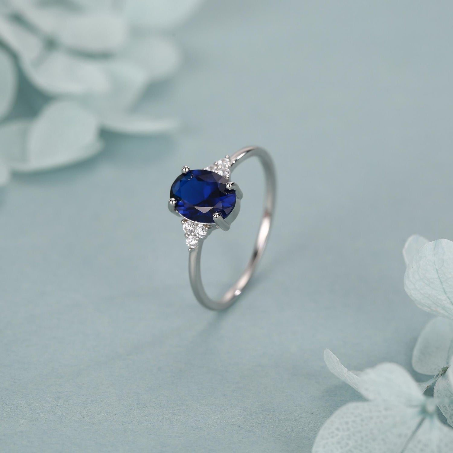 Oval Sapphire CZ Ring in Sterling Silver, Simulated Sapphire Ring, Vintage Inspired Design, US 5 - 7.5