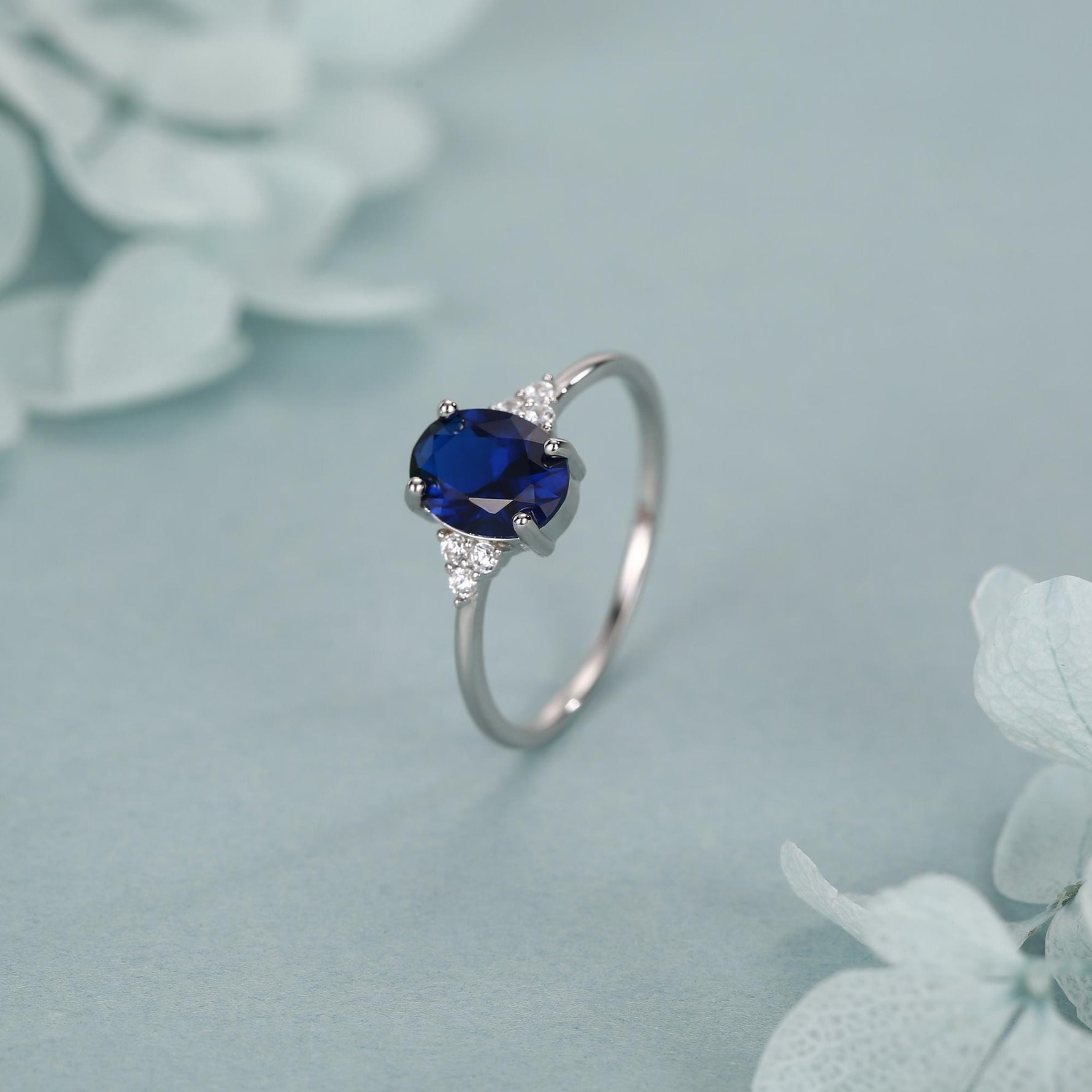 Oval Sapphire CZ Ring in Sterling Silver, Simulated Sapphire Ring, Vintage Inspired Design, US 5 - 7.5