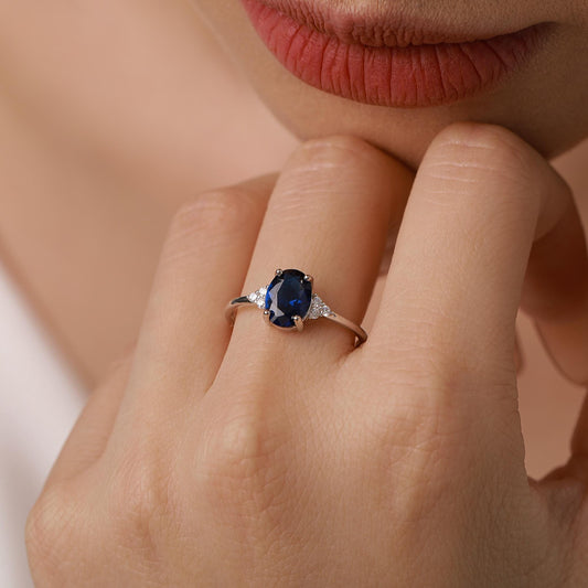 Oval Sapphire CZ Ring in Sterling Silver, Simulated Sapphire Ring, Vintage Inspired Design, US 5 - 7.5