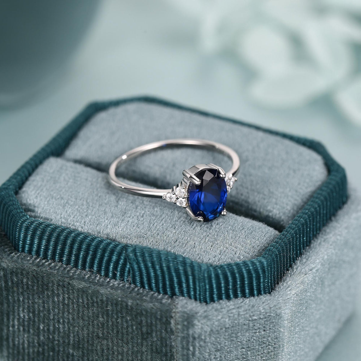 Oval Sapphire CZ Ring in Sterling Silver, Simulated Sapphire Ring, Vintage Inspired Design, US 5 - 7.5