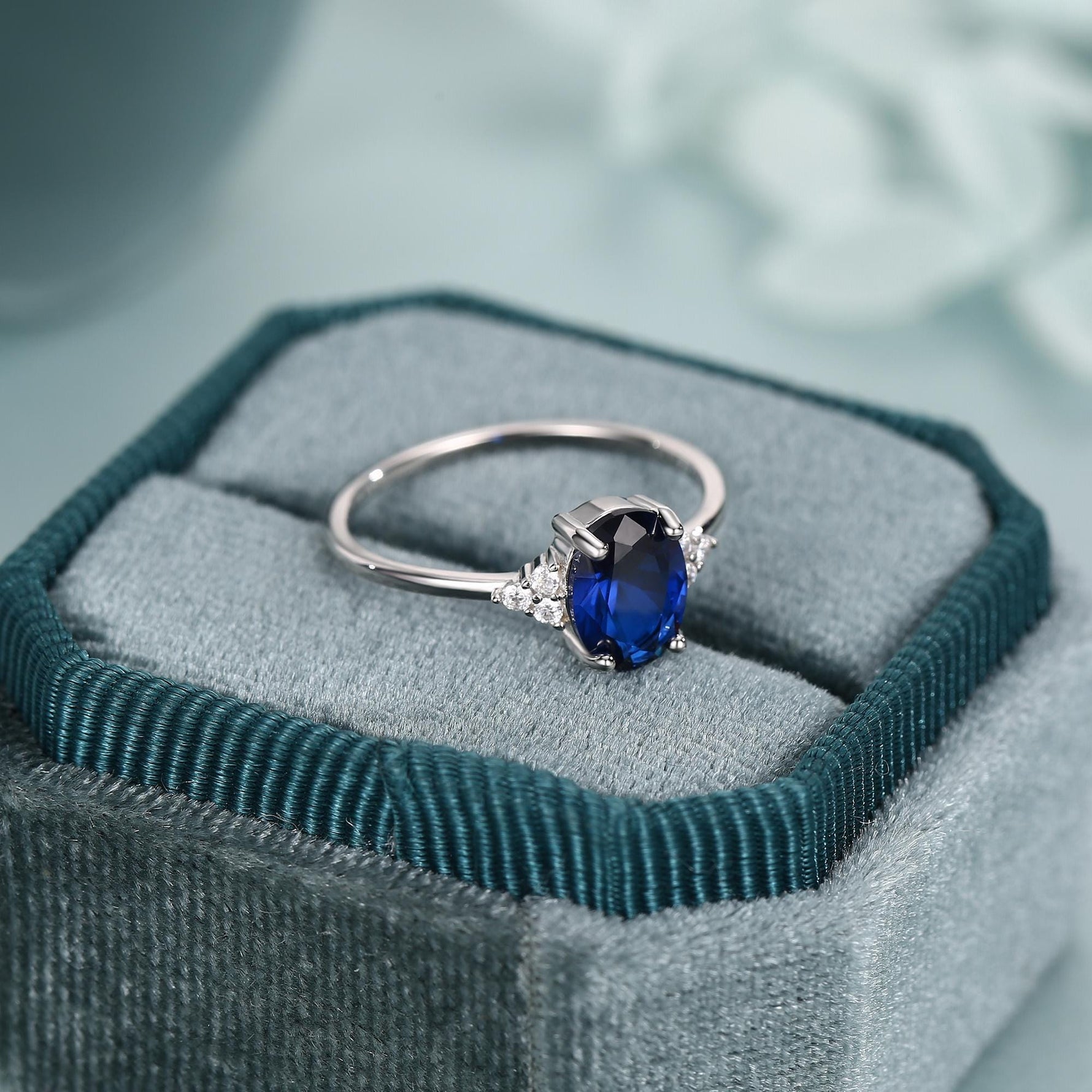 Oval Sapphire CZ Ring in Sterling Silver, Simulated Sapphire Ring, Vintage Inspired Design, US 5 - 7.5