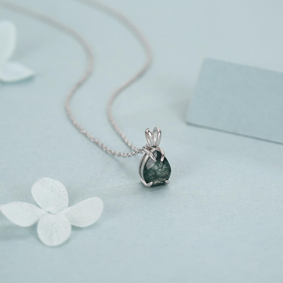 Moss Agate Pear Pendant Necklace