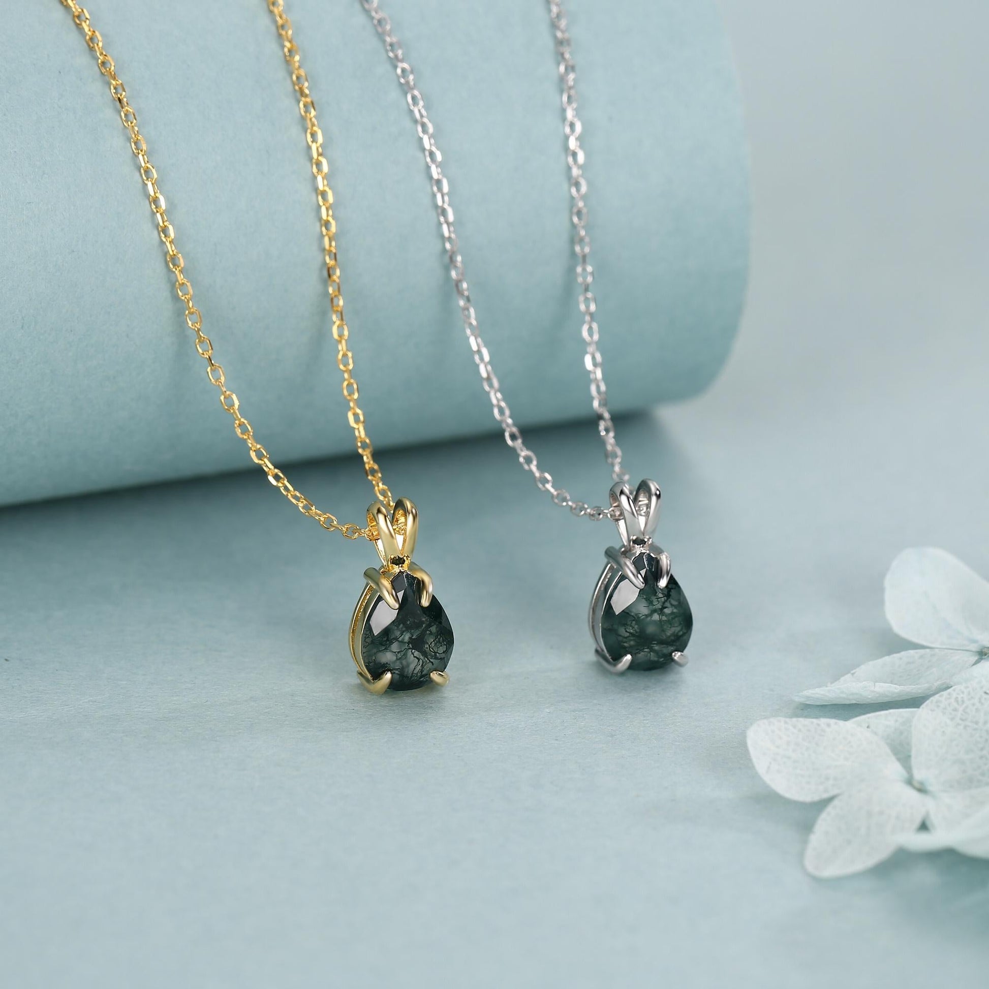 Sterling Silver Moss Agate Droplet Pendant Necklace