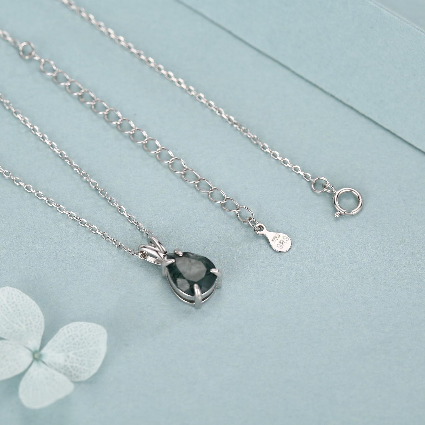 Sterling Silver Moss Agate Droplet Pendant Necklace