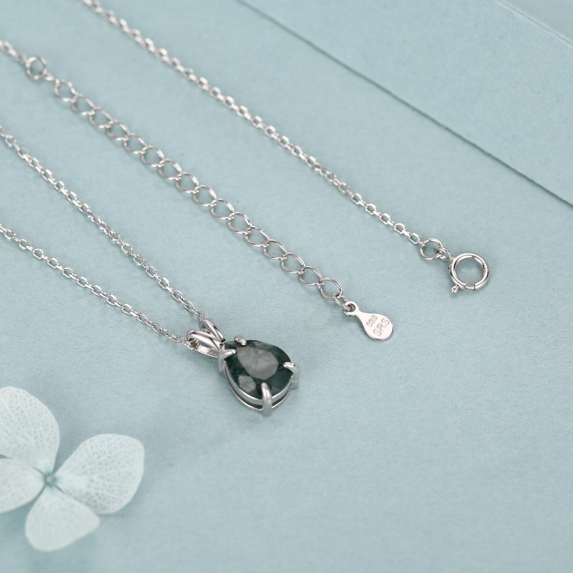 Sterling Silver Moss Agate Droplet Pendant Necklace
