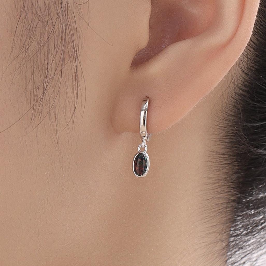Sterling Silver Dangling Oval Black Opal Hoop Earrings, Lab Created Black Opal Charm Dangle Hoop Earrings, Silver or Gold