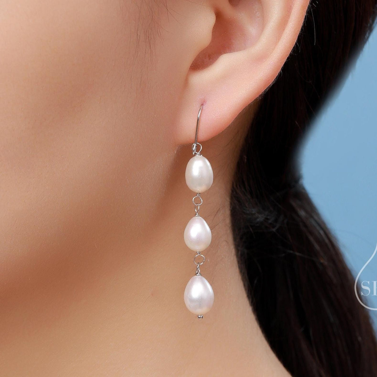 Baroque Pearl Trio Drop Hook Earrings in Sterling Silver, Silver or Gold, Long Pearl Drop Earrings, Natural Keshi Freshwater Pearl Earrings