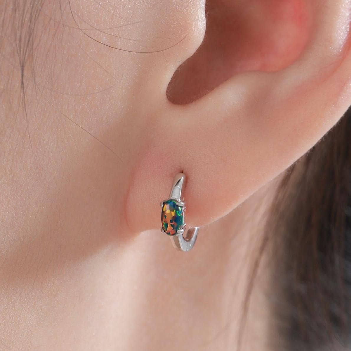 Oval Black Opal Huggie Hoop Earrings in Sterling Silver, Silver or Gold, Lab Opal Hoops, Created Opal Hoops, Simulated Opal Hoops