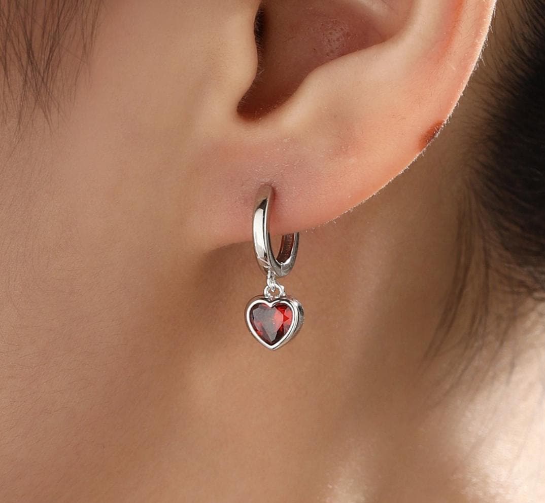Garnet Red CZ Heart Huggie Hoop in Sterling Silver, Silver or Gold Garnet Red Hoops, 8mm Inner Diameter, Stacking Earrings