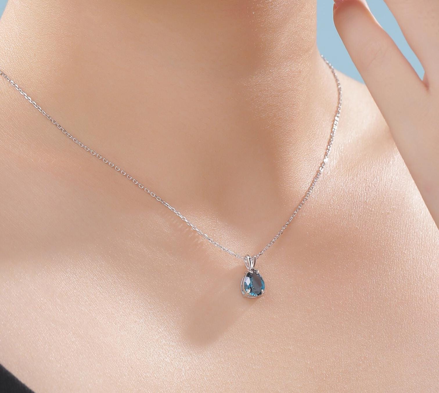 London Blue Pear Cut CZ Necklace in Sterling Silver, 7 x 9mm, Dark Blue Droplet necklace, Diamond CZ, September Birthstone