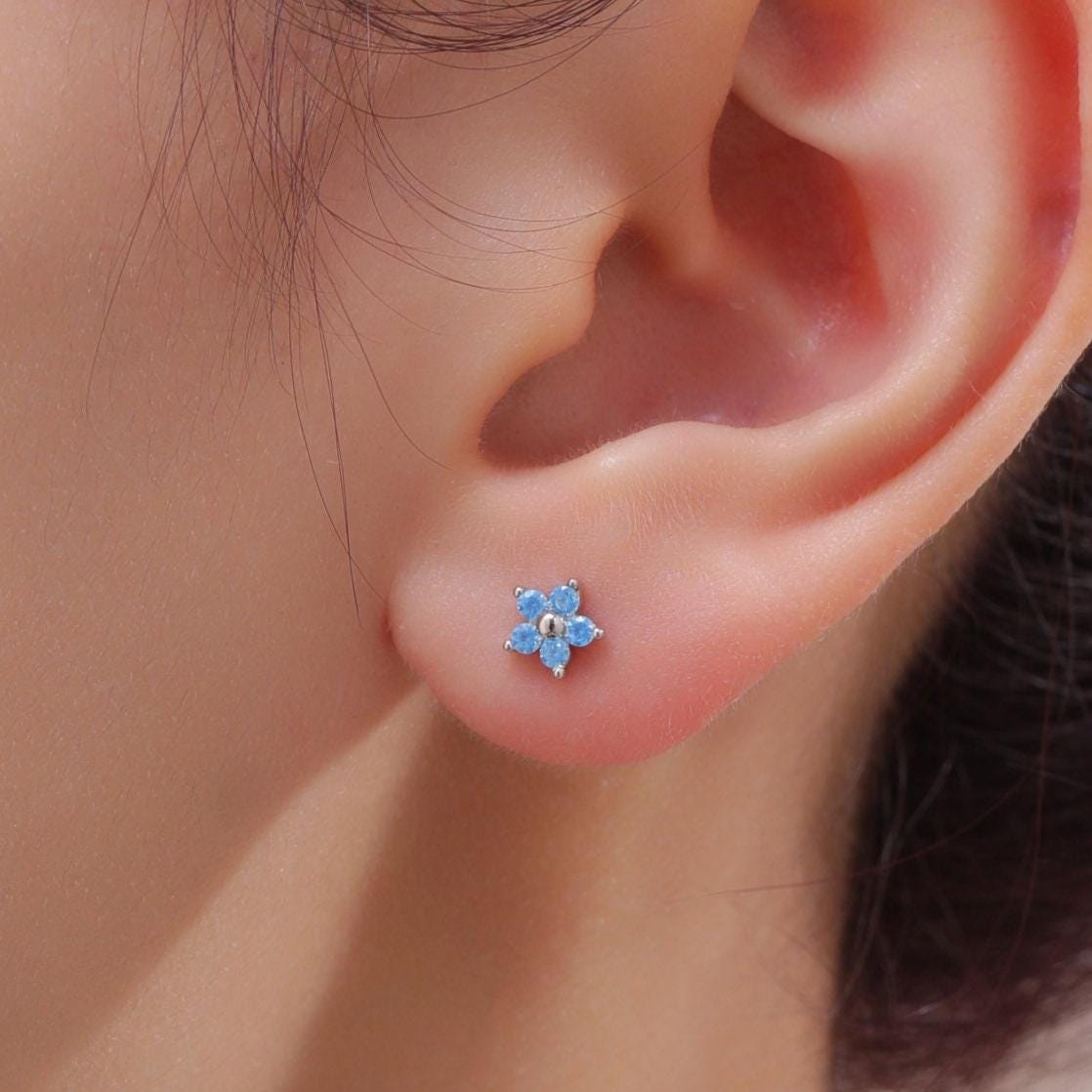 Tiny Blue CZ Flower Stud Earrings in Sterling Silver, Silver or Gold, Aquamarine Blue CZ Flower Stud Earrings, Forget me not Flower Earring