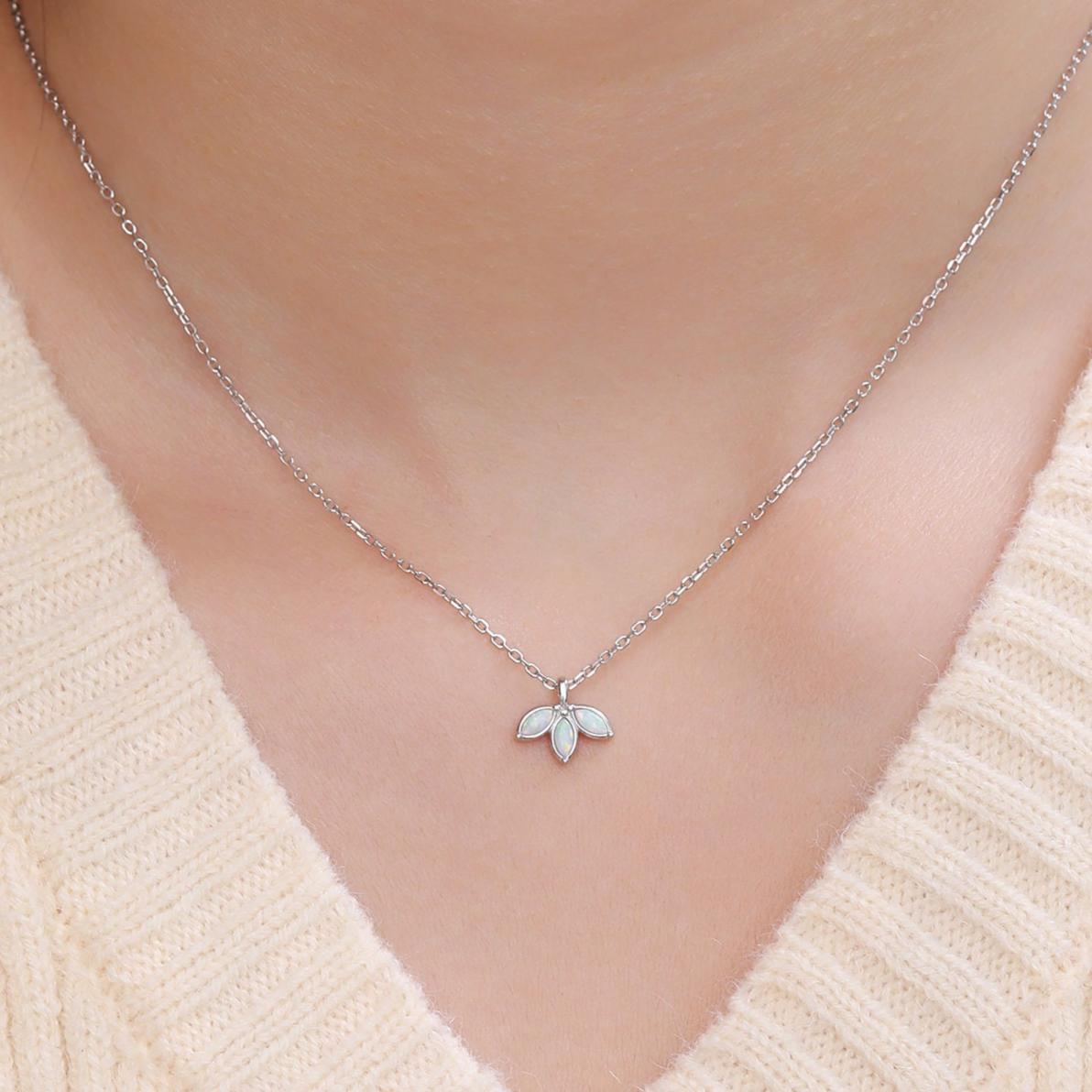 Extra Tiny White Opal Marquise Leaf Pendant Necklace in Sterling Silver, Silver or Gold, Opal Crown Necklace, Small Fire Opal Necklace