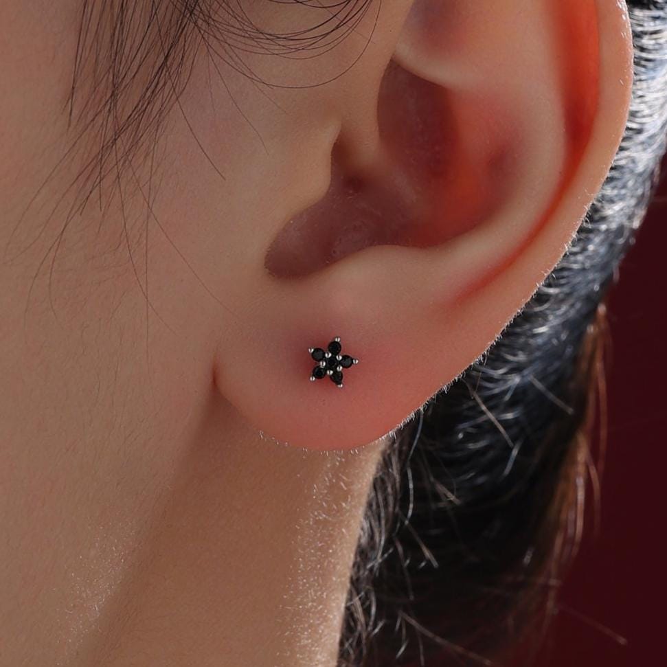 Black CZ Flower Screw Back Earrings in Sterling Silver, Forget Me Not Floral CZ Earrings, Silver or Gold, Flower CZ Earrings