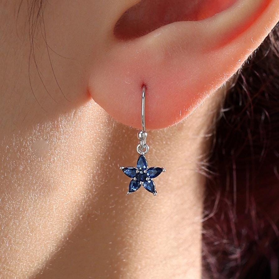 Sterling Silver Sapphire Blue CZ Flower Drop Dangle Earrings, Dainty Dangle Forget Me Not Flower Drop Earrings, Silver CZ Hook Earrings