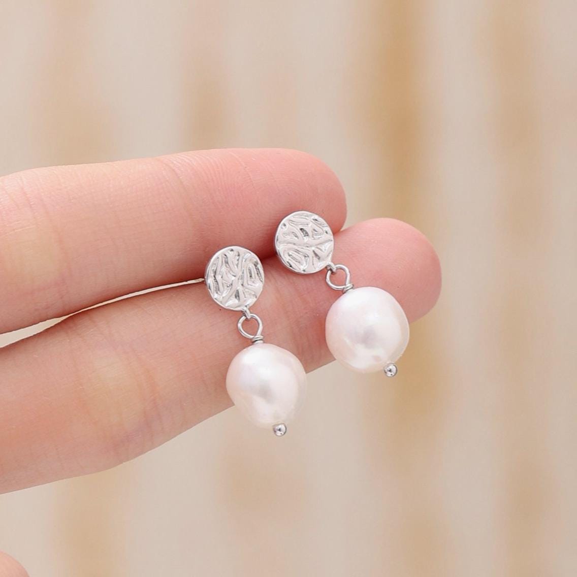 Sale! Genuine Freshwater Pearl and Textured Disks Drop Earrings in Sterling Silver, Silver or Gold, Delicate Keshi Pearl Earrings, Genuine Pearls
