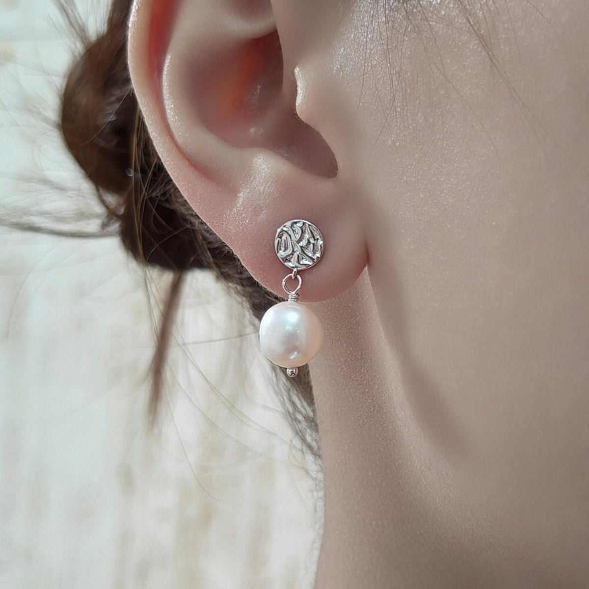 Sale! Genuine Freshwater Pearl and Textured Disks Drop Earrings in Sterling Silver, Silver or Gold, Delicate Keshi Pearl Earrings, Genuine Pearls