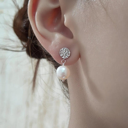 Sale! Genuine Freshwater Pearl and Textured Disks Drop Earrings in Sterling Silver, Silver or Gold, Delicate Keshi Pearl Earrings, Genuine Pearls