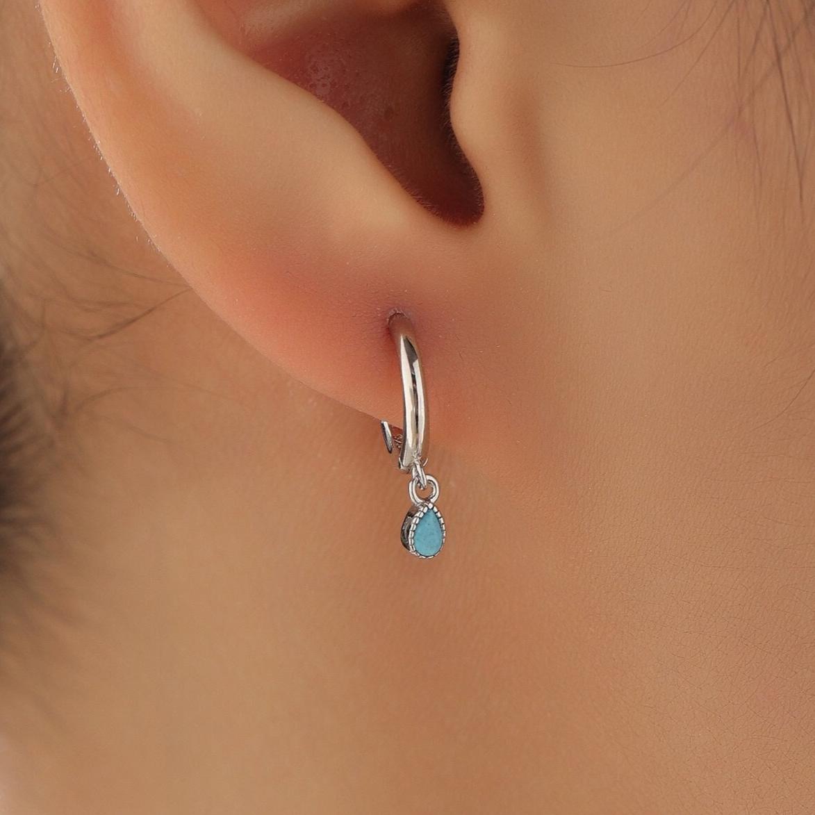 Tiny Dotted Droplet Turquoise Blue CZ Huggie Hoop Earrings in Sterling Silver, Silver or Gold, Geometric Hoop Earrings, Vintage Inspired