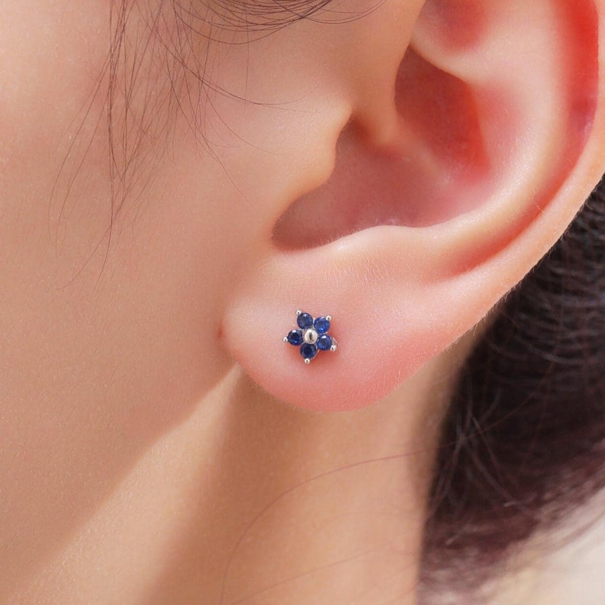 Tiny Sapphire Blue CZ Flower Stud Earrings in Sterling Silver, Silver or Gold, Blue CZ Flower Stud Earrings, Forget me not Flower Earrings