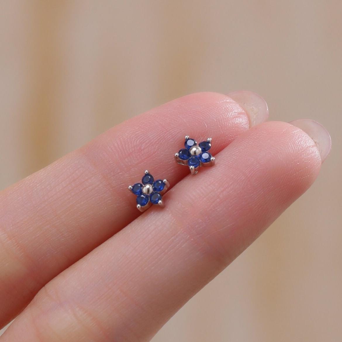 Tiny Sapphire Blue CZ Flower Stud Earrings in Sterling Silver, Silver or Gold, Blue CZ Flower Stud Earrings, Forget me not Flower Earrings