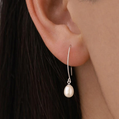 Genuine Freshwater Pearl V Shape Long Drop Hook Earrings in Sterling Silver, Delicate Oval Pearl Earrings, Genuine Pearl Drop Earrings