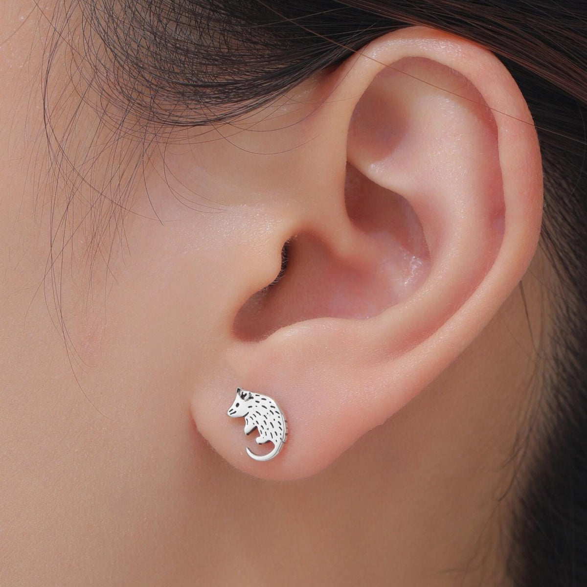 Tiny Opposum Stud Earrings in Sterling Silver, Silver or Gold or Rose Gold, Cute Opposum Mouse Earrings, Silver Rodent Earrings