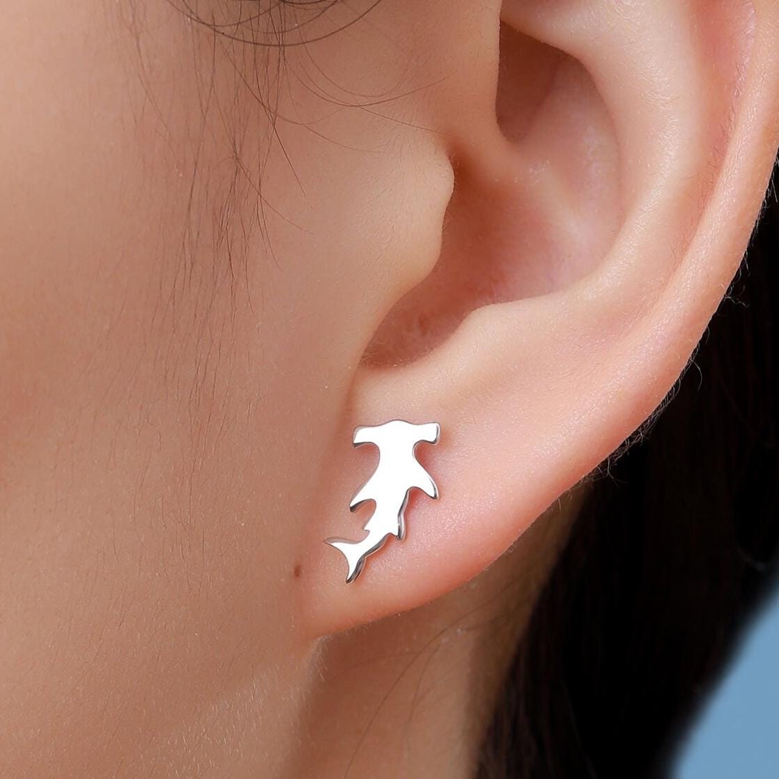 Hammerhead Shark Stud Earrings in Sterling Silver, Silver or Gold, Shark Earrings, Fish Earrings, Silver Shark Earrings