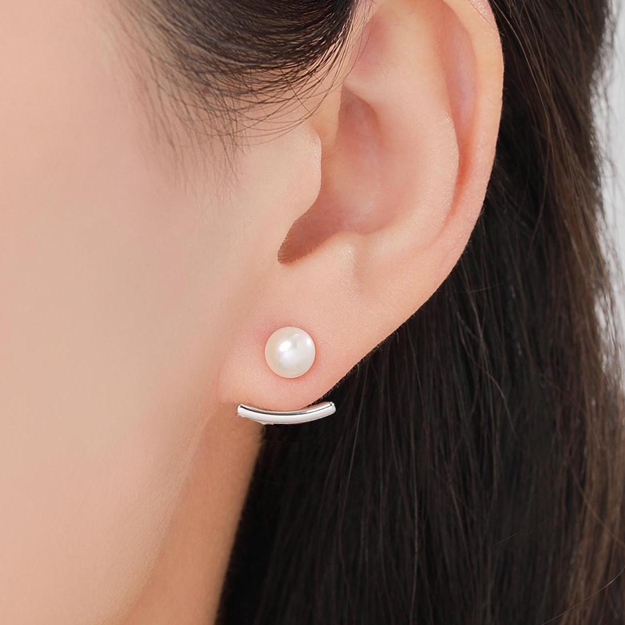 Sterling Silver Natural Freshwater Pearl and Bar Jacket Earrings, Silver or Gold or Rose Gold Finish, Genuine Pearl Ear Jacket