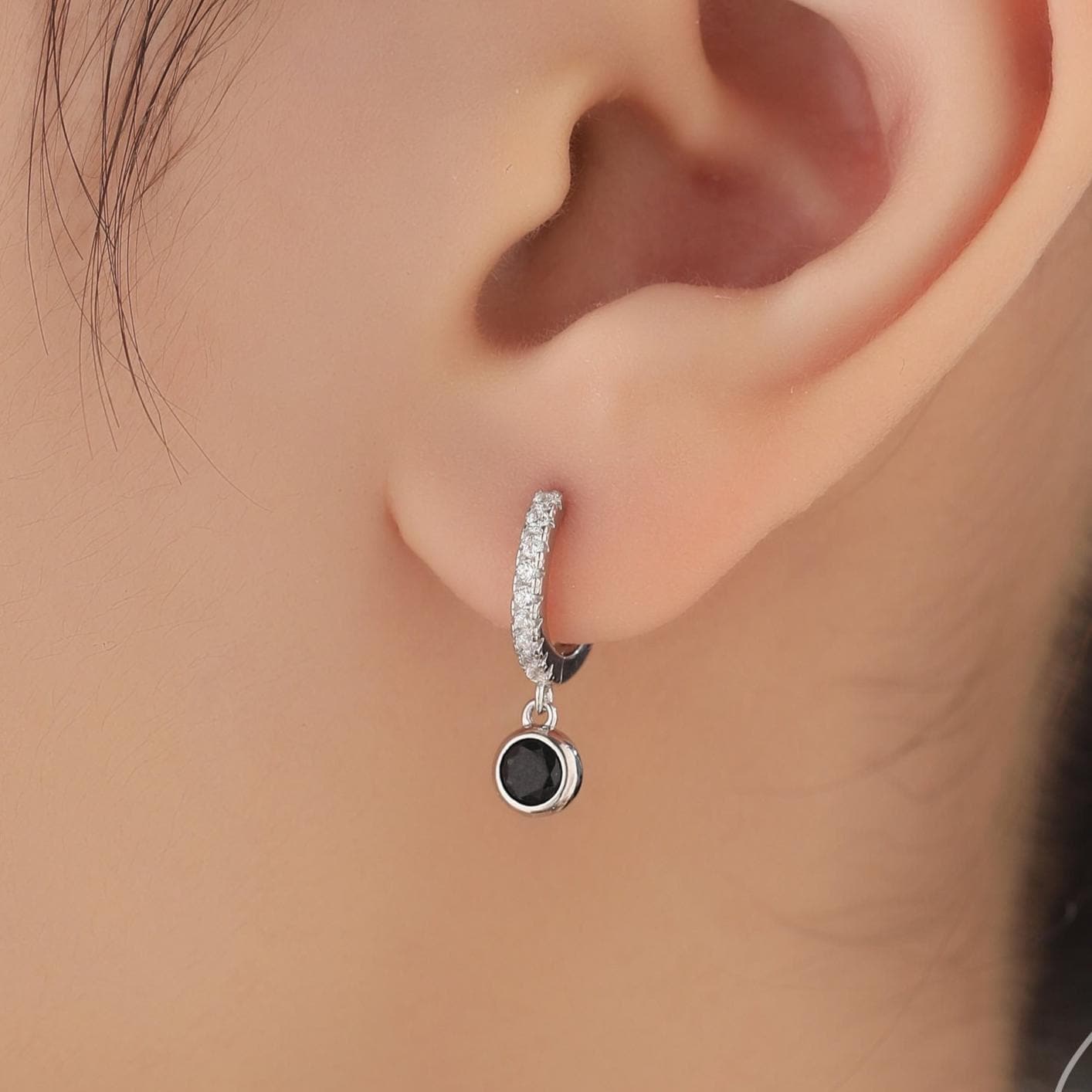 Tiny Black CZ Dangle Huggie Hoop in Sterling Silver, Silver or Gold, Skinny CZ Dangle Earrings, CZ Hoops