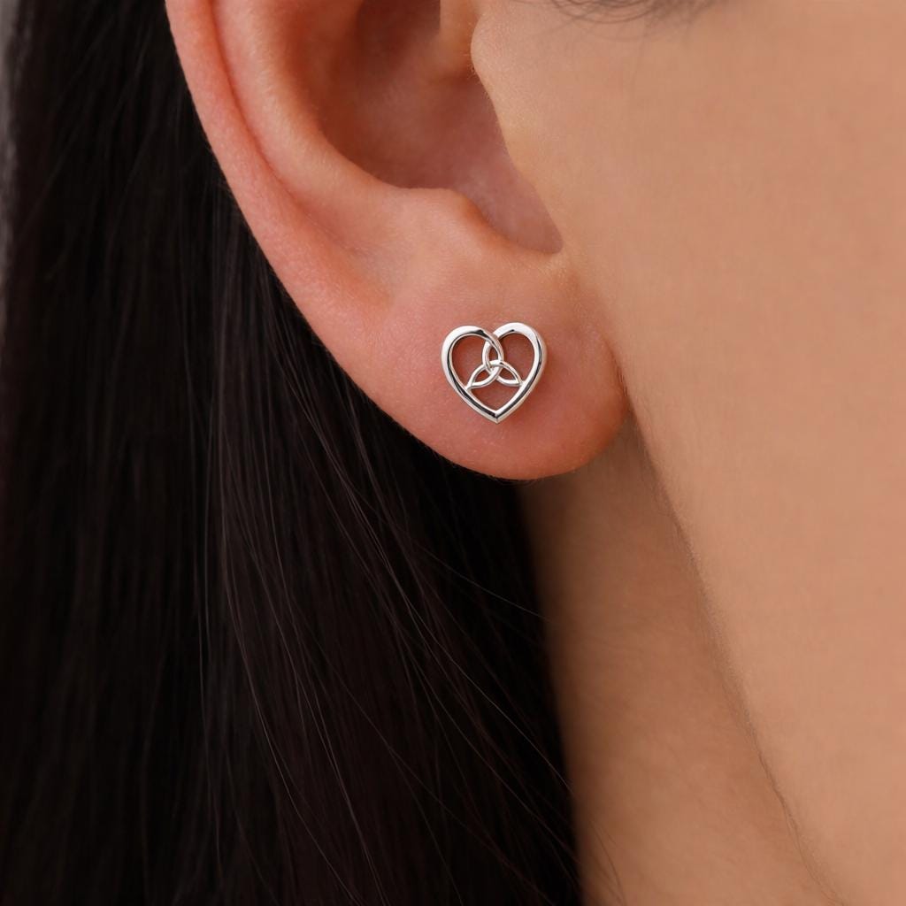 Celtic Heart Stud Earrings in Sterling Silver, Silver, Gold or Rose Gold, Unicorn Earrings, Celtic Trinity Knot Heart Earrings