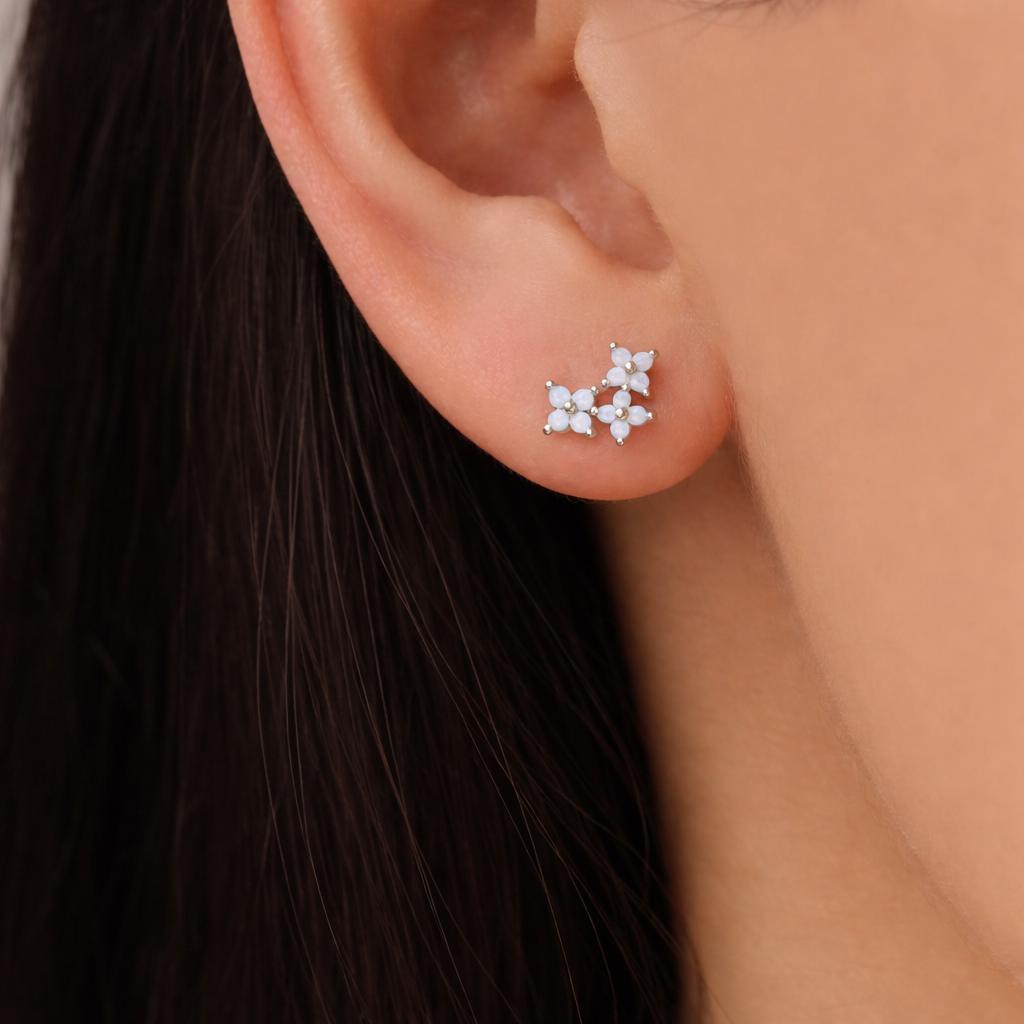 Tiny Hydrangea Bouquet CZ Stud Earrings in Sterling Silver, Silver or Gold, Opal Blue or Opal Pink, Three CZ Flower Earrings, CZ Cluster