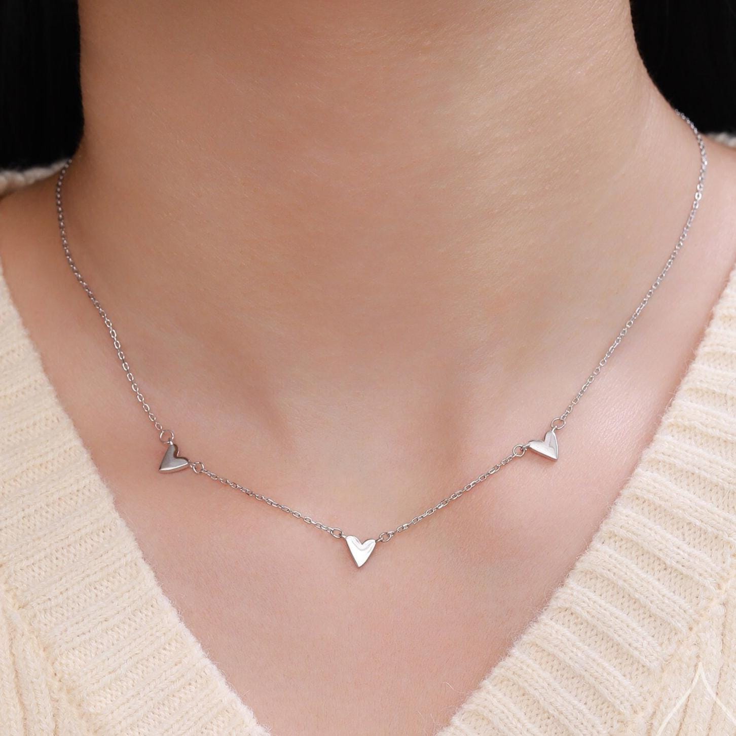Triple Heart Necklace in Sterling Silver, Tiny Three Heart Necklace, Silver, Gold or Rose Gold, Heart Charm Necklace