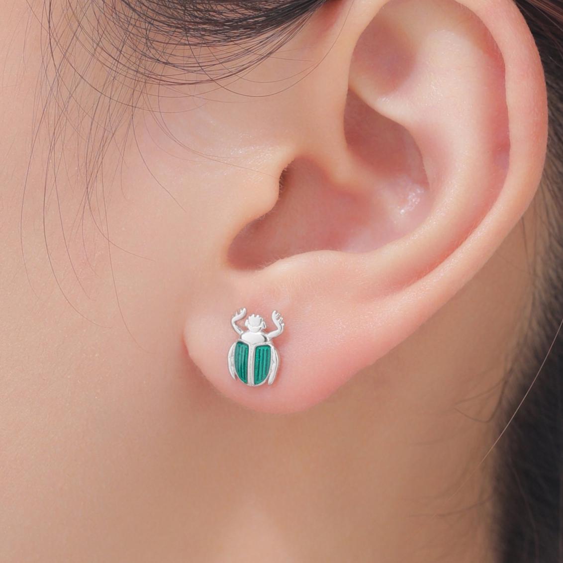 Tiny Scarab Beetle Stud Earrings in Sterling Silver with Enamel, Silver or Gold or Rose Gold, Egyptian Scarab Beetle Earrings, Bugs Earrings