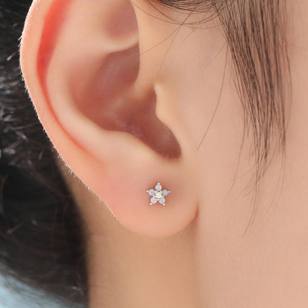 Tiny Opal Blue Forget-me-not CZ Stud Earrings in Sterling Silver, Silver or Gold or Rose Gold, Clear and Milky Blue CZ Flower Stud Earrings