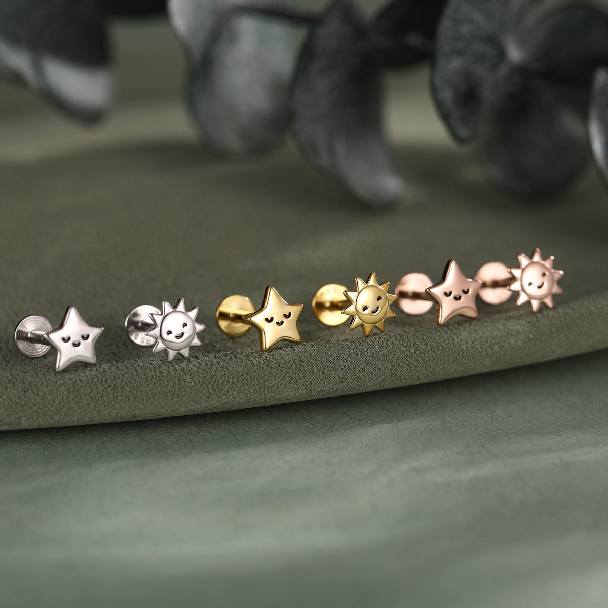 Sterling Silver Sun and Star 16G Flat Back Labret Earrings