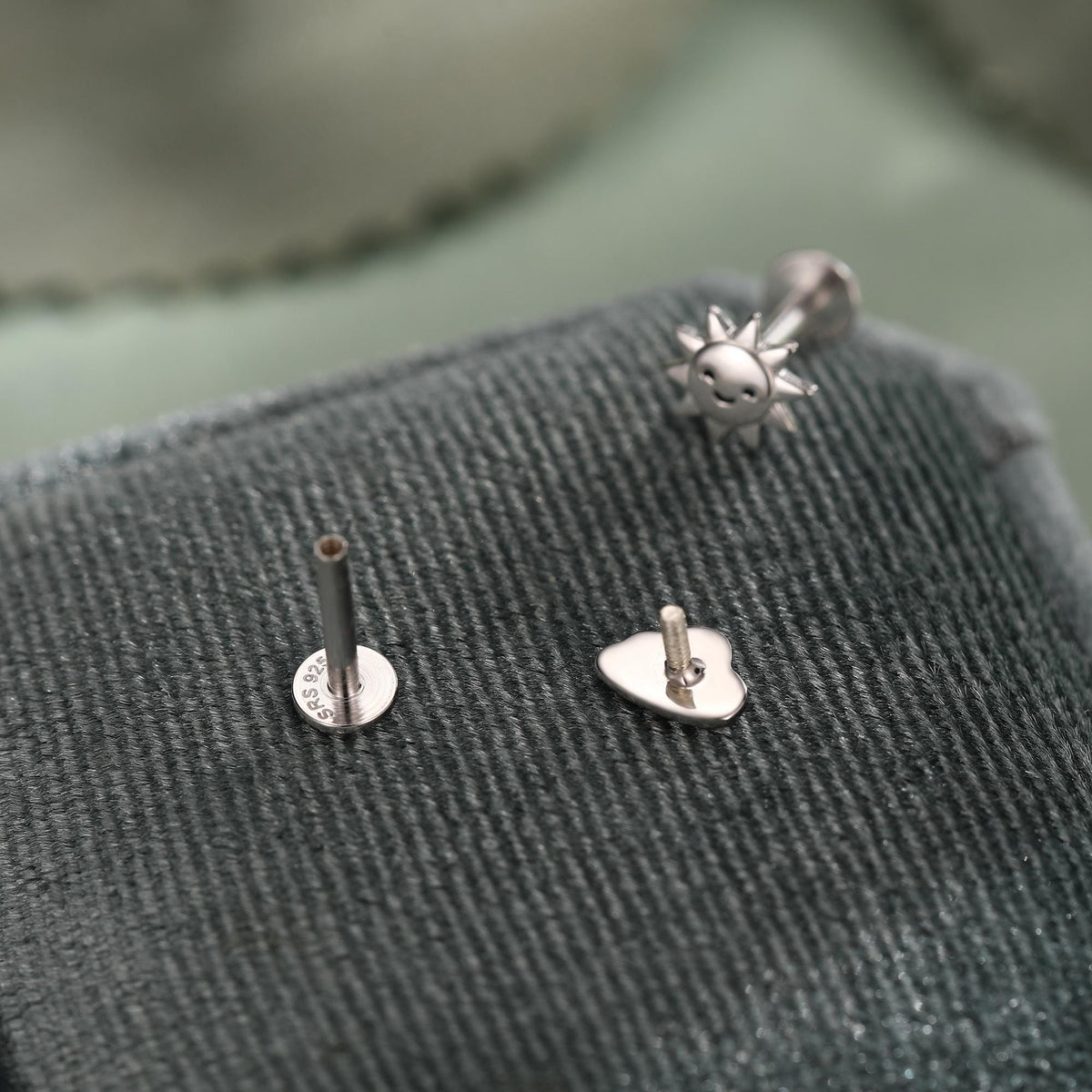 Sterling Silver Sun and Cloud 16G Flat Back Labret Earrings