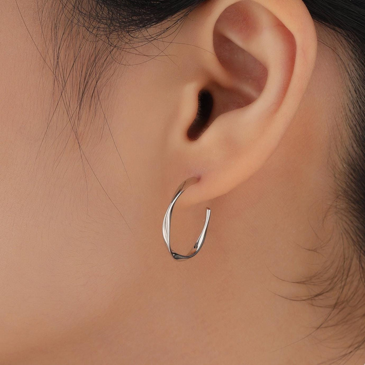 Twisted Strip Mobius Band Large Semi Hoop Stud Earrings in Sterling Silver, Silver or Gold or Rose Gold, Minimalist Contemporary Design